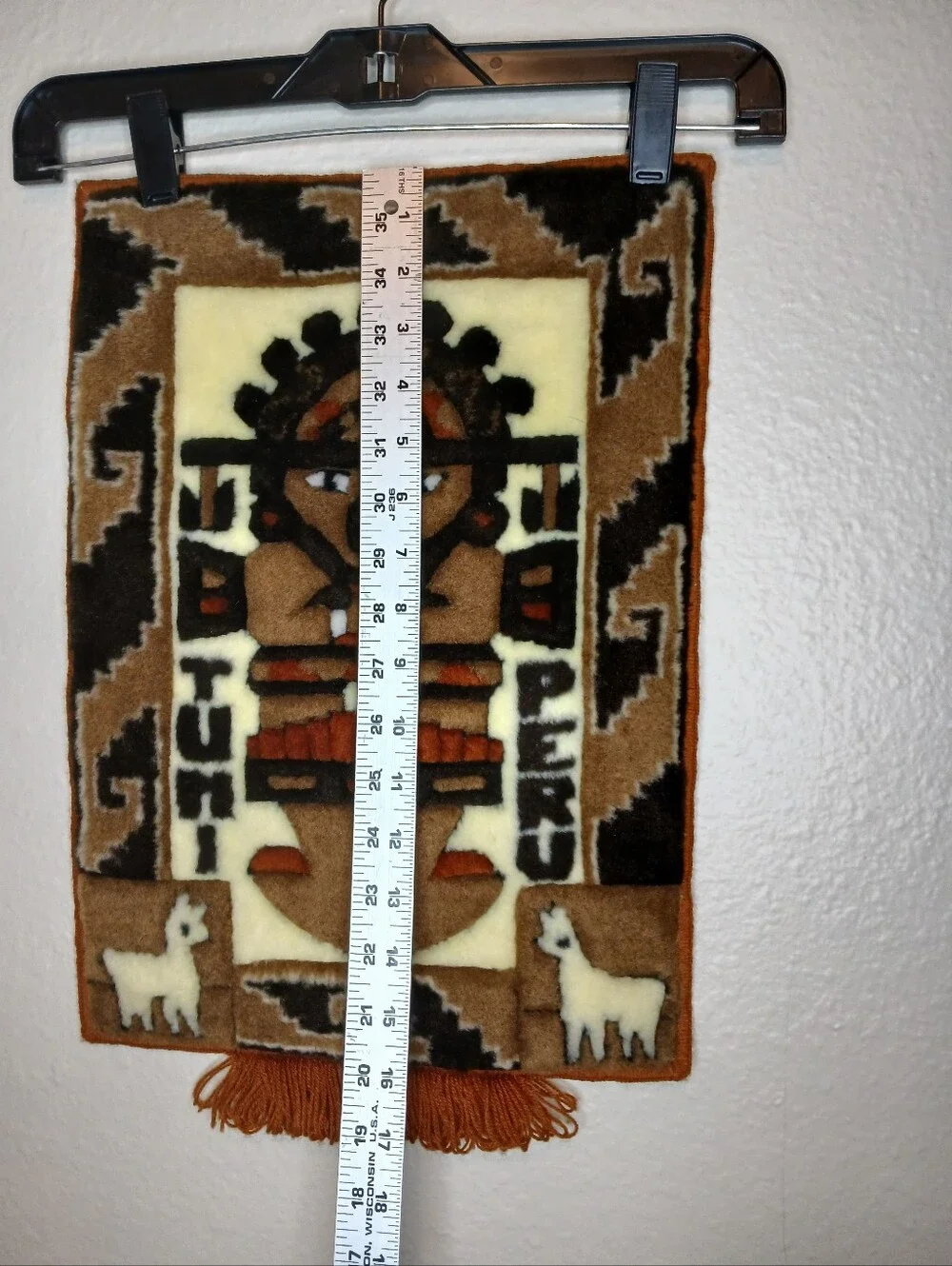 Vintage Peruvian Textile Wall Hanging with Tribal Figure - Brown & Cream